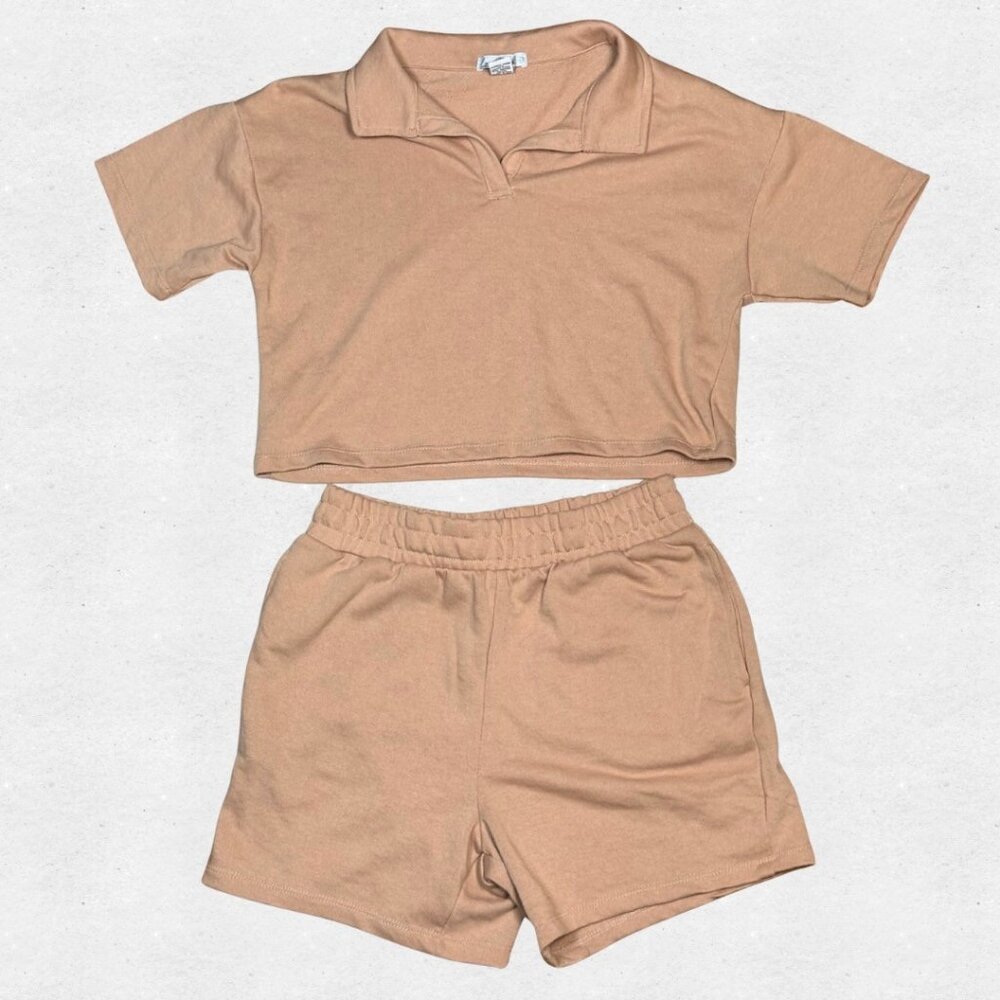 NWT Love Streak Two Piece Coord Set Pink Cotton Blend Medium Pockets Top Shorts